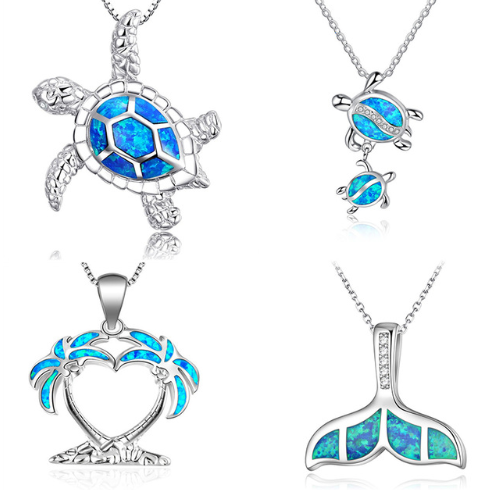 Blue Opal Sea Turtle Pendant Necklace For Women