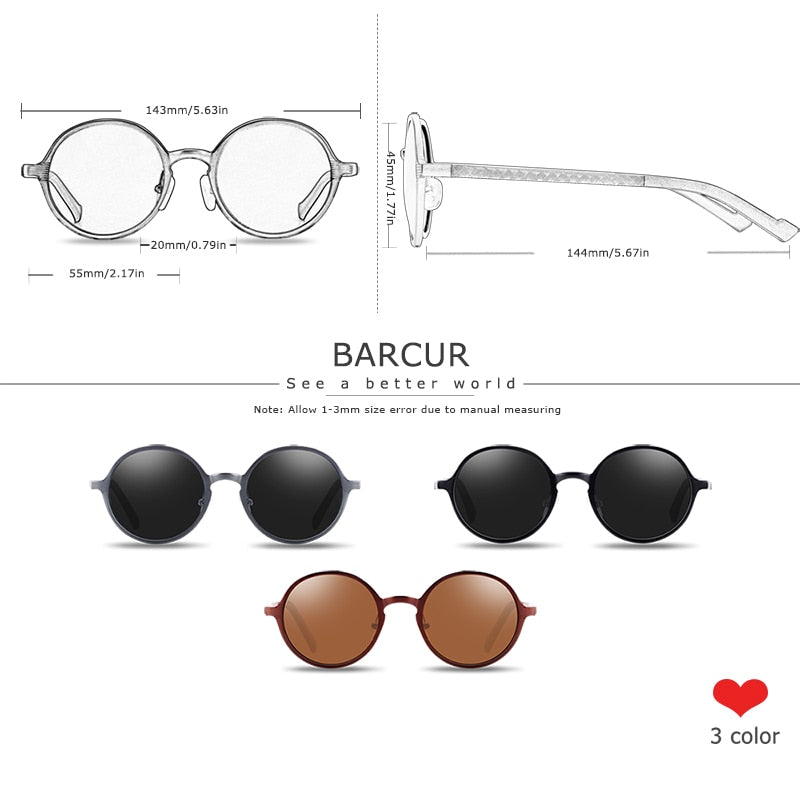 BARCUR,  Luxury Unisex Round Sunglasses  UV400